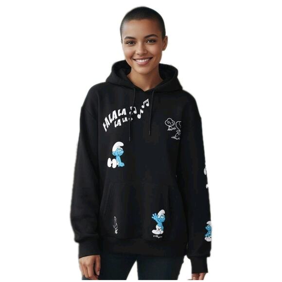 Smurfs Fleece Hoodie Womens M Black Pockets Mushroom Graphic Print Sweatshirt - Picture 1 of 16